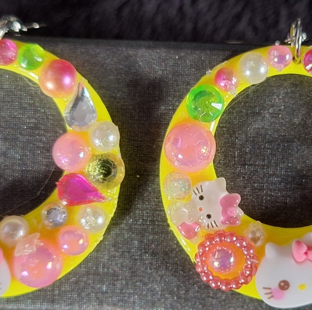Bright Yellow Hoop Earrings with Pink & Green Accents